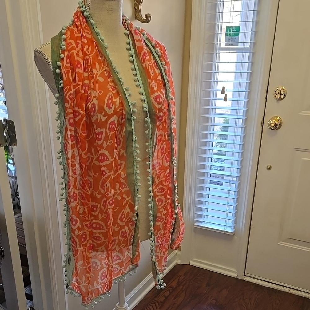 Candies Orange Pink Mint Sage Green Aqua Floral Scarf pompoms 68x18" Excellent